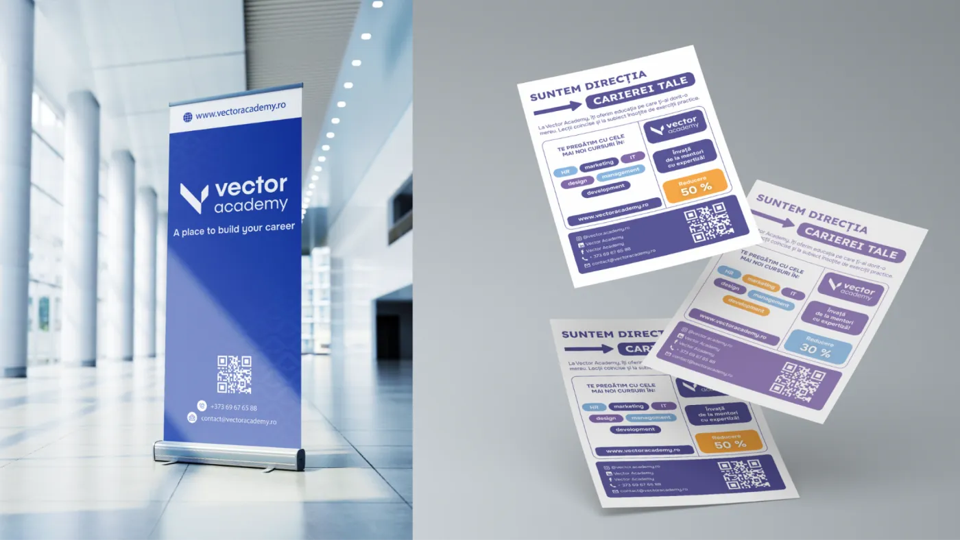 Material print Vector Academy — vizual generat cu AI